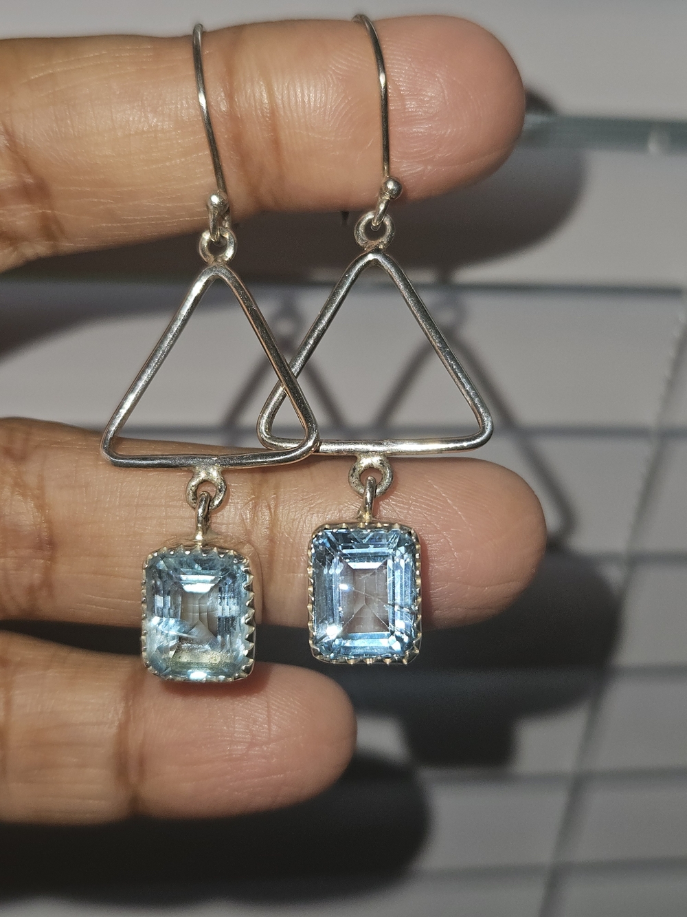 925S Triangle Aquamarine Dangle Earrings